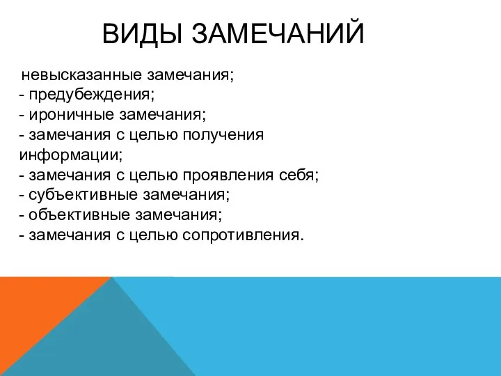 ВИДЫ ЗАМЕЧАНИЙ невысказанные замечания; - предубеждения; - ироничные замечания; - замечания