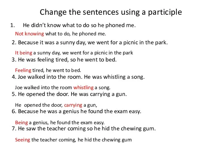 Change the sentences using a participle He didn’t know what to