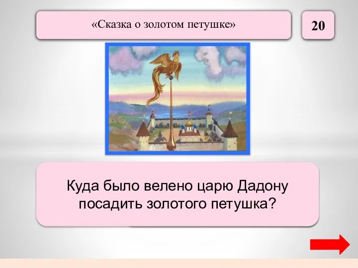 20 На спицу Куда было велено царю Дадону посадить золотого петушка?