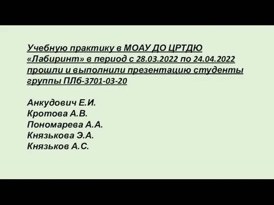 Учебную практику в МОАУ ДО ЦРТДЮ «Лабиринт» в период с 28.03.2022