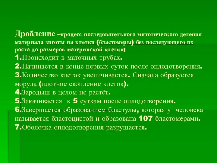 Дробление –процесс последовательного митотического деления материала зиготы на клетки (бластомеры) без