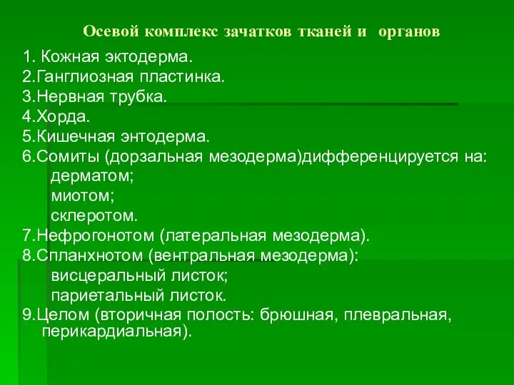 Осевой комплекс зачатков тканей и органов 1. Кожная эктодерма. 2.Ганглиозная пластинка.