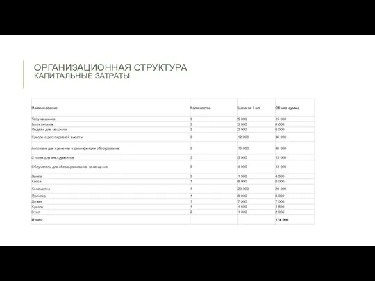 ОРГАНИЗАЦИОННАЯ СТРУКТУРА КАПИТАЛЬНЫЕ ЗАТРАТЫ