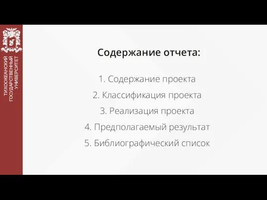 Содержание отчета: 1. Содержание проекта 2. Классификация проекта 3. Реализация проекта