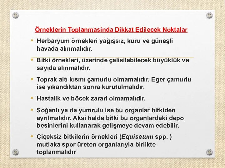 Örneklerin Toplanmasinda Dikkat Edilecek Noktalar Herbaryum örnekleri yağışsız, kuru ve güneşli