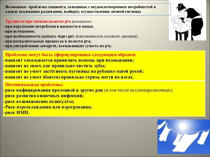 Возможные проблемы пациента, связанные с неудовлетворением потребностей в одежде (надевании раздевании,