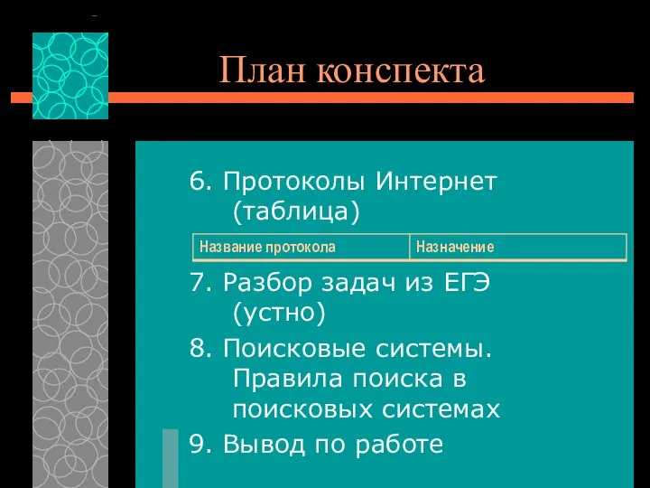 План конспекта 6. Протоколы Интернет (таблица) 7. Разбор задач из ЕГЭ