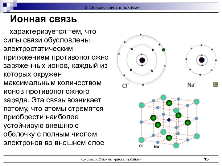 Кристаллофизика, кристаллохимия Ионная связь – характеризуется тем, что силы связи обусловлены