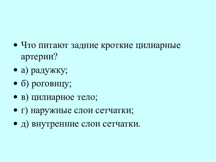 Что питают задние кроткие цилиарные артерии? а) радужку; б) роговицу; в)