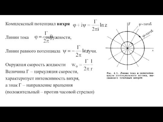 Комплексный потенциал вихря Линии тока – окружности, Линии равного потенциала -