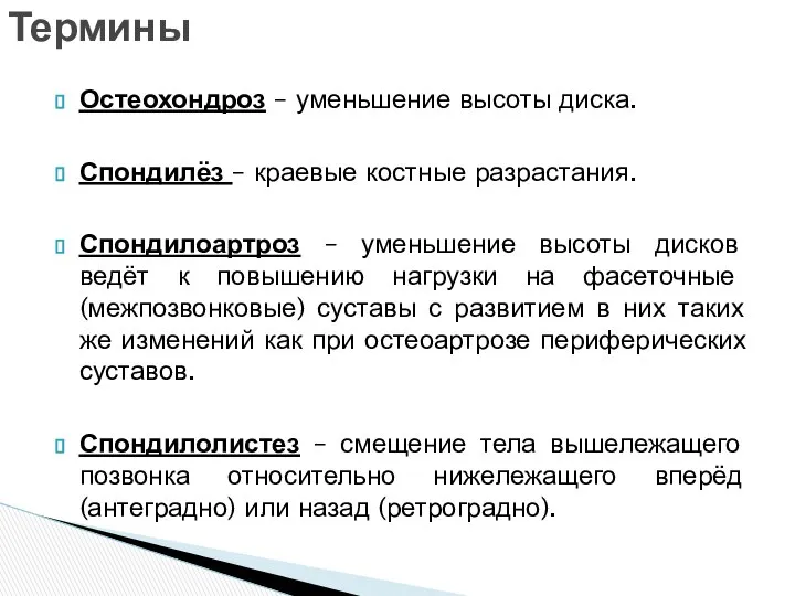 Остеохондроз – уменьшение высоты диска. Спондилёз – краевые костные разрастания. Спондилоартроз