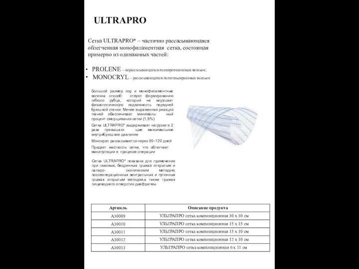 ULTRAPRO Сетка ULTRAPRO* – частично рассасывающаяся облегченная монофиламентная сетка, состоящая примерно