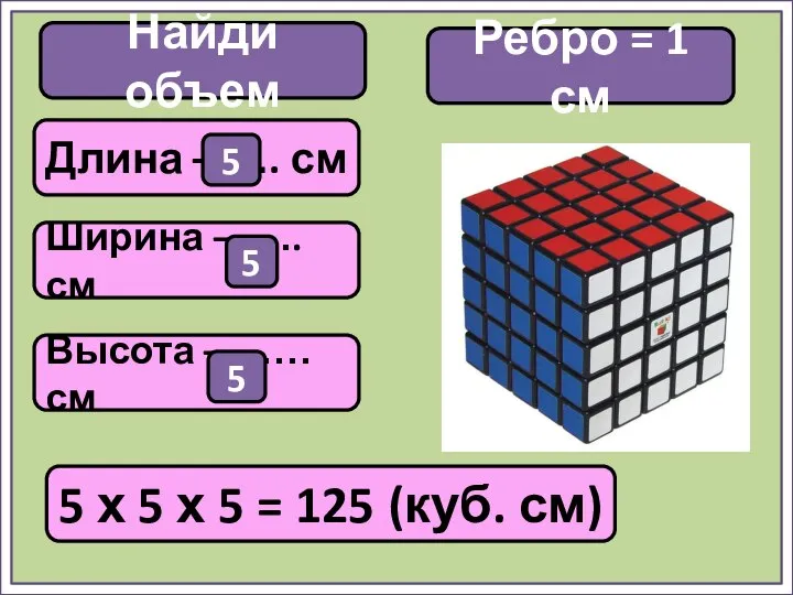 Найди объем 5 х 5 х 5 = 125 (куб. см)