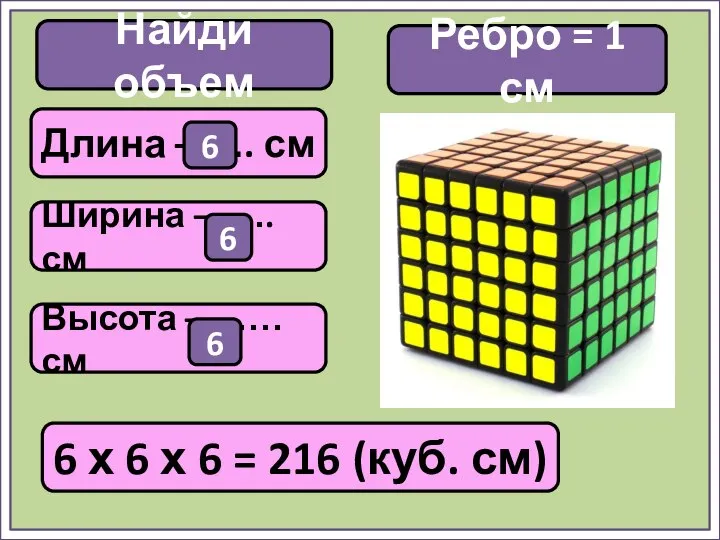 Найди объем 6 х 6 х 6 = 216 (куб. см)