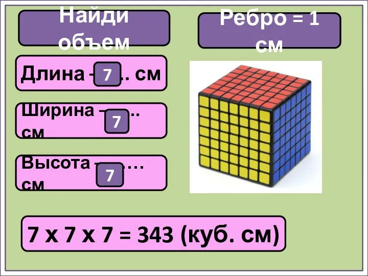 Найди объем 7 х 7 х 7 = 343 (куб. см)