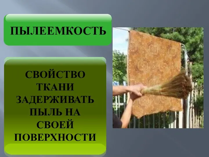 СВОЙСТВО ТКАНИ ЗАДЕРЖИВАТЬ ПЫЛЬ НА СВОЕЙ ПОВЕРХНОСТИ