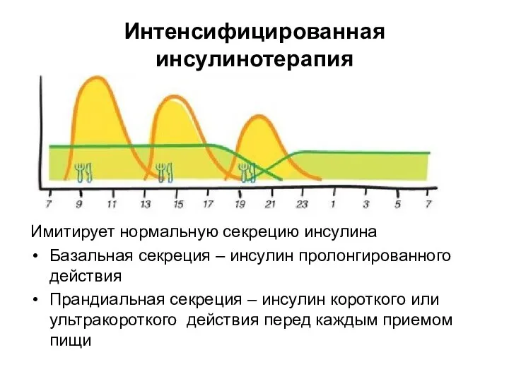 Интенсифицированная инсулинотерапия Имитирует нормальную секрецию инсулина Базальная секреция – инсулин пролонгированного