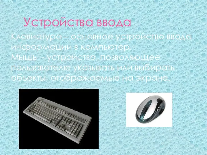 Устройства ввода Клавиатура – основное устройство ввода информации в компьютер. Мышь