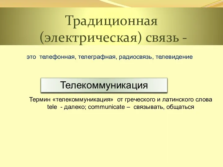 Традиционная (электрическая) связь - Телекоммуникация Термин «телекоммуникация» от греческого и латинского