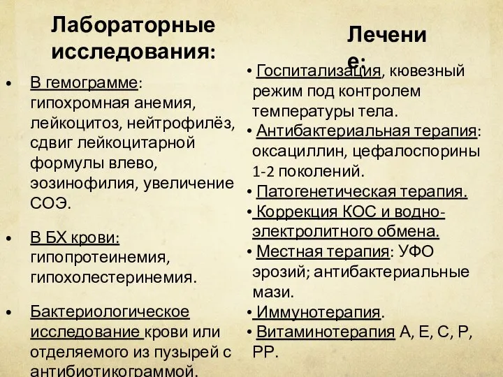 Лабораторные исследования: В гемограмме: гипохромная анемия, лейкоцитоз, нейтрофилёз, сдвиг лейкоцитарной формулы