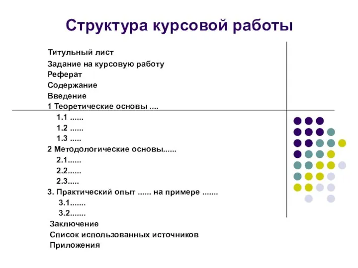 Структура курсовой работы Титульный лист Задание на курсовую работу Реферат Содержание