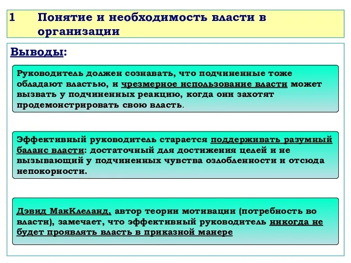 Понятие и необходимость власти в организации Выводы: Руководитель должен сознавать, что