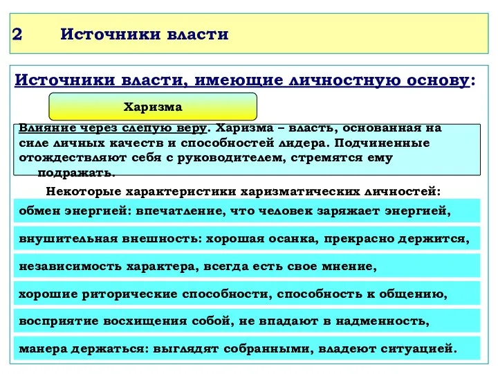 Источники власти Источники власти, имеющие личностную основу: Харизма Влияние через слепую