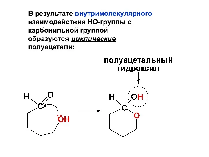 В результате внутримолекулярного взаимодействия НО-группы с карбонильной группой образуются циклические полуацетали: