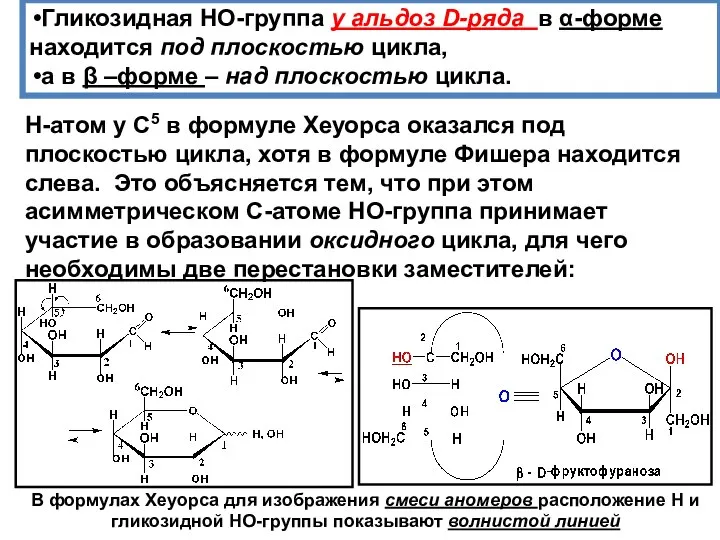 Гликозидная НО-группа у альдоз D-ряда в α-форме находится под плоскостью цикла,