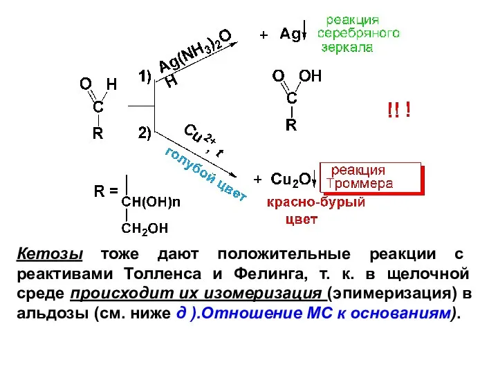 Кетозы тоже дают положительные реакции с реактивами Толленса и Фелинга, т.