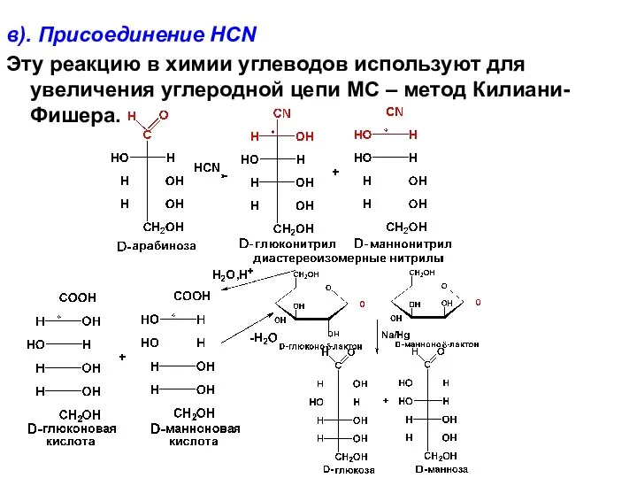 в). Присоединение HCN Эту реакцию в химии углеводов используют для увеличения