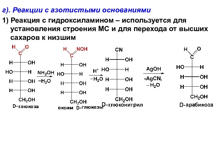 г). Реакции с азотистыми основаниями 1) Реакция с гидроксиламином – используется