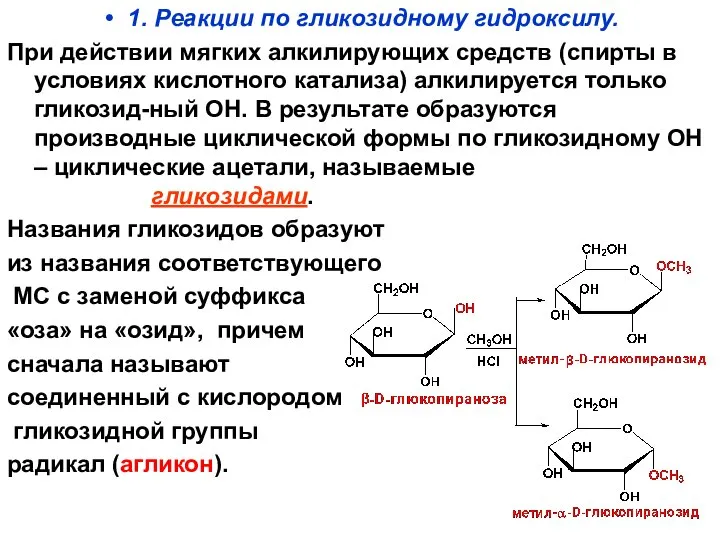 1. Реакции по гликозидному гидроксилу. При действии мягких алкилирующих средств (спирты