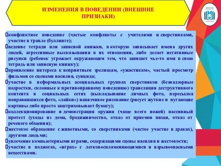 ИЗМЕНЕНИЯ В ПОВЕДЕНИИ (ВНЕШНИЕ ПРИЗНАКИ) конфликтное поведение (частые конфликты с учителями