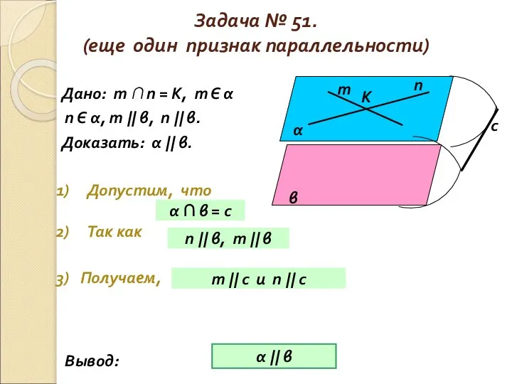 Задача № 51. (еще один признак параллельности) Дано: т ∩ п