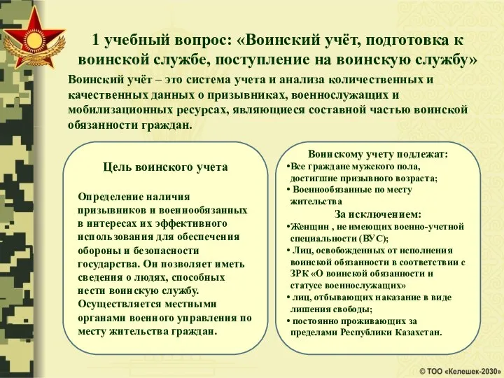 1 учебный вопрос: «Воинский учёт, подготовка к воинской службе, поступление на