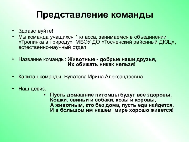 Представление команды Здравствуйте! Мы команда учащихся 1 класса, занимаемся в объединении