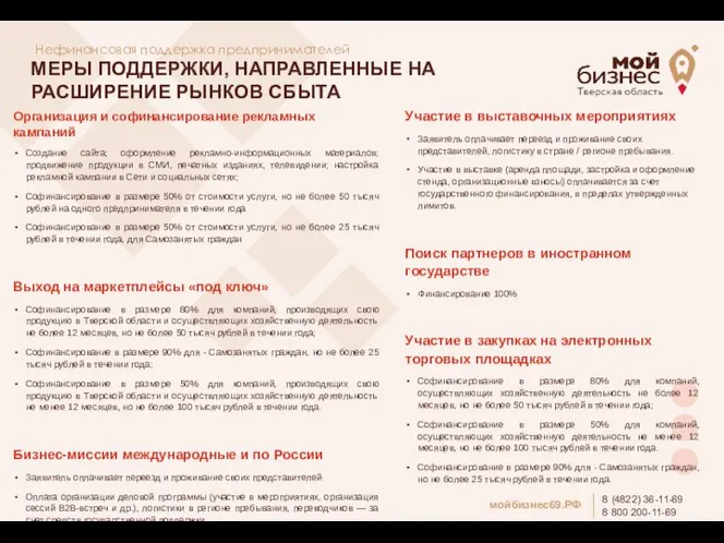 МЕРЫ ПОДДЕРЖКИ, НАПРАВЛЕННЫЕ НА РАСШИРЕНИЕ РЫНКОВ СБЫТА мойбизнес69.РФ 8 (4822) 36-11-69