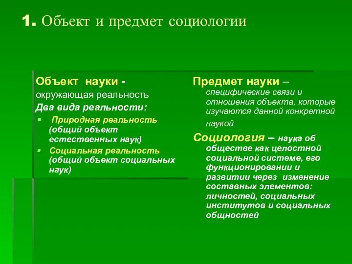 1. Объект и предмет социологии Объект науки - окружающая реальность Два