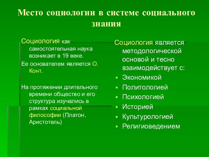 Место социологии в системе социального знания Социология как самостоятельная наука возникает