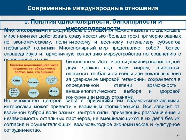 1. Понятия однополярности, биполярности и многополярности Современные международные отношения Многополярными международные