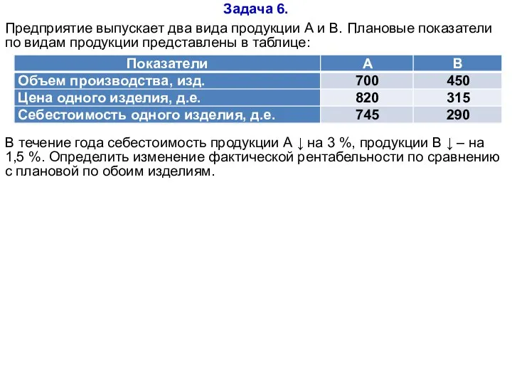 Задача 6. Предприятие выпускает два вида продукции А и В. Плановые