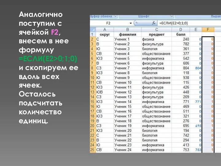 Аналогично поступим с ячейкой F2, внесем в нее формулу =ЕСЛИ(E2>0;1;0) и