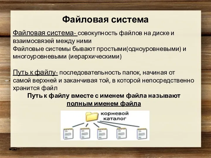 Файловая система Файловая система- совокупность файлов на диске и взаимосвязей между