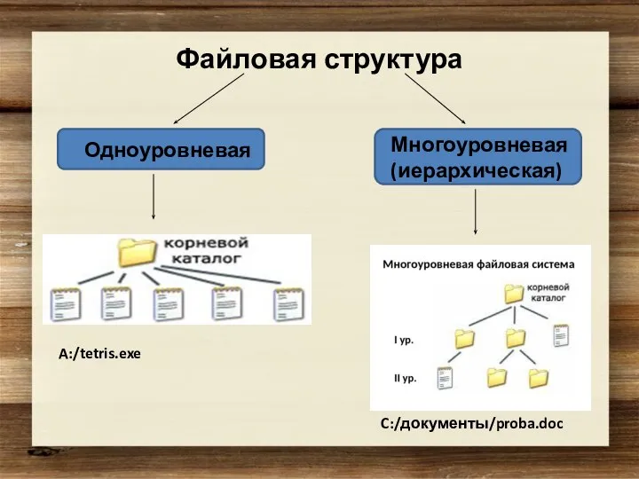 Файловая структура Одноуровневая Многоуровневая (иерархическая) A:/tetris.exe C:/документы/proba.doc