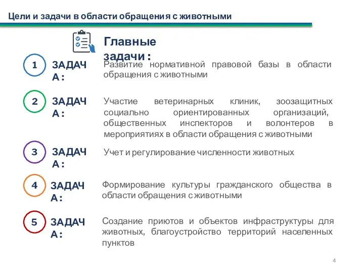 Цели и задачи в области обращения с животными Главные задачи :