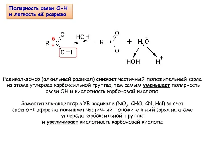 Полярность связи О-Н и легкость её разрыва Радикал-донор (алкильный радикал) снижает