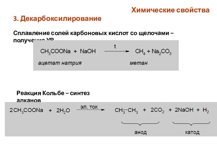 Химические свойства 3. Декарбоксилирование Сплавление солей карбоновых кислот со щелочами –