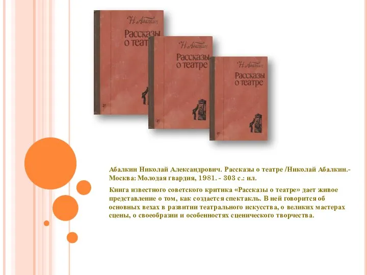 Абалкин Николай Александрович. Рассказы о театре /Николай Абалкин.- Москва: Молодая гвардия,