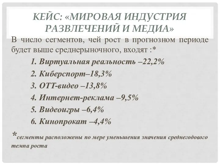 КЕЙС: «МИРОВАЯ ИНДУСТРИЯ РАЗВЛЕЧЕНИЙ И МЕДИА» В число сегментов, чей рост